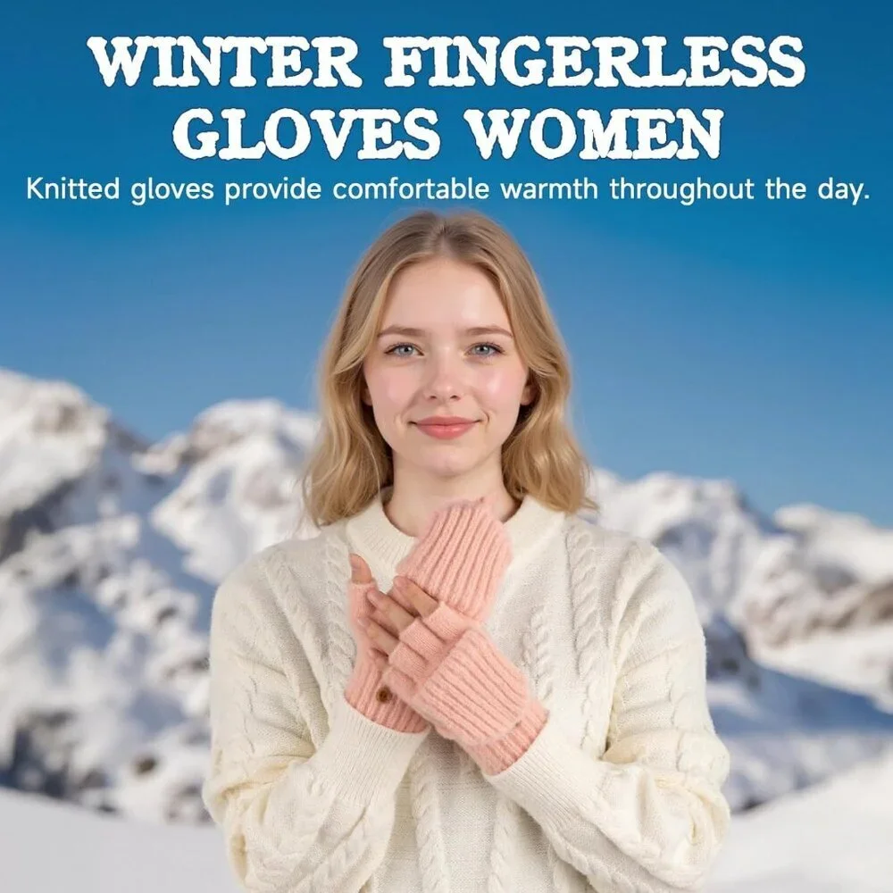 Women's Winter Warm Mittens Knitted Pink Gloves Fingerless Button Closure